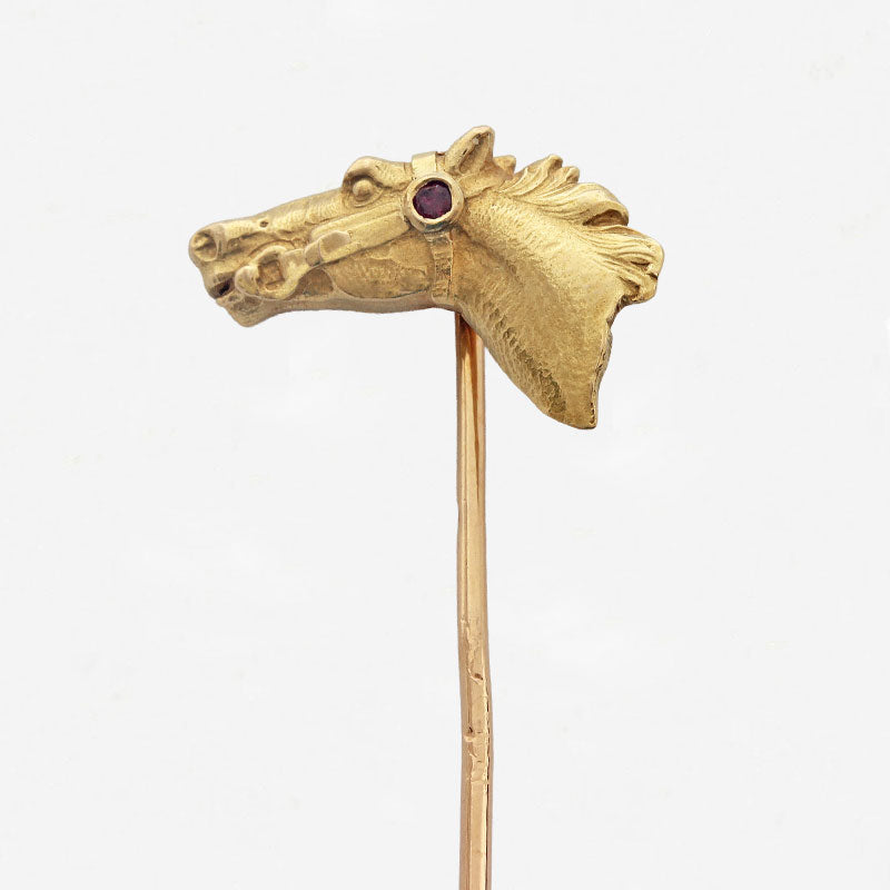 Victorian horse-head stick pin, one of the quiet calling cards of the Marston Barrett cabinet